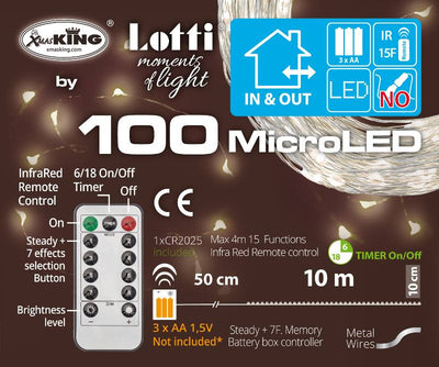 Catena M-IR 100 MicroLED BIANCO CALDO DIAM.1,5mm, Cavo Metallo Argento Metal Silver, Telecomando IR max 4m (13 pulsanti) 15 Funz Lotti