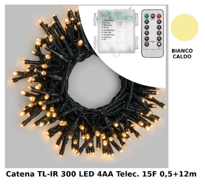 Catena TL-IR 300 LED BIANCO CALDO 5mm Telec. IR 15F On-Off 8G Luminosita' Variabile Timer 8-16 ore a Batteria 4xAA Esterno Cavo