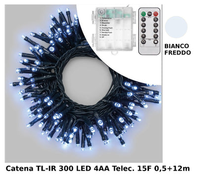 Catena TL-IR 300 LED BIANCO 5mm Telec. IR 15F On-Off 8G Luminosita' Variabile Timer 8-16 ore a Batteria 4xAA Esterno Cavo Verde Lotti