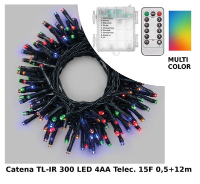 Catena TL-IR 300 LED MULTICOLOR 5mm Telec. IR 15F On-Off 8G Luminosita' Variabile Timer 8-16 ore a Batteria 4xAA Esterno Cavo Ve