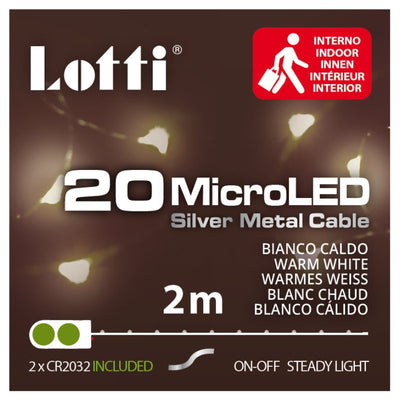 Catena lineare 2m 20 MicroLED BIANCO CALDO DIAM.1,5mm, versione PDQ, Luce Fissa, a Batteria 2xCR2032 3V (incluse), micro porta b Lotti