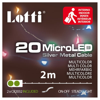 Catena lineare 2m 20 MicroLED MULTICOLOR DIAM.1,5mm, versione PDQ, Luce Fissa, a Batteria 2xCR2032 3V (incluse), micro porta bat