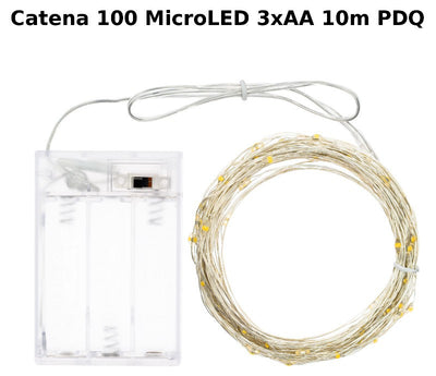 Catena lineare 10m 100 MicroLED MULTICOLOR DIAM.1,5mm, versione PDQ, Luce Fissa, a Batteria 3xAA 1,5V, porta batterie con selett Lotti