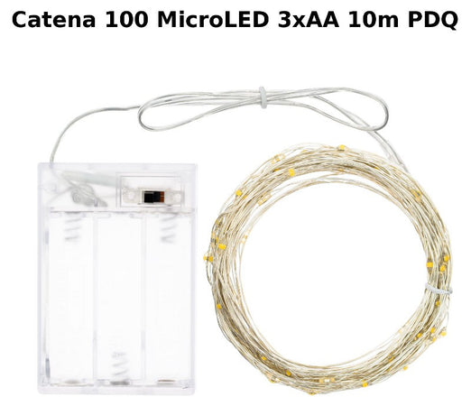 Catena lineare 10m 100 MicroLED MULTICOLOR DIAM.1,5mm, versione PDQ, Luce Fissa, a Batteria 3xAA 1,5V, porta batterie con selett Lotti