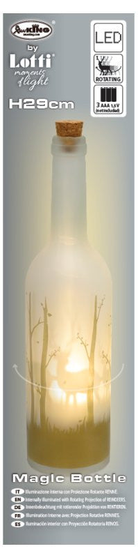 Bottiglia Magic Diametro 7xH29cm MGR Vetro Bianco Decorato Bosco Oro Illuminazione interna Proiezione Rotante RENNE LED BIANCO C