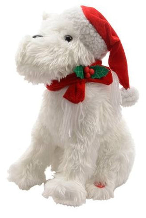 peluche pes singing dog w Xmas hat bo, Colour: white, Size: 19x24x30cm