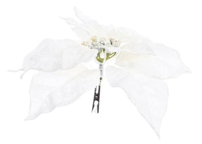 Poinsettia on clip polyester glitter fin on edges white Kaemingk