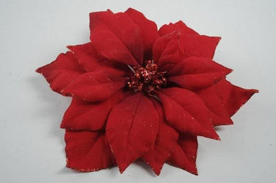 Poinsettia on clip polyester w glitter edges red