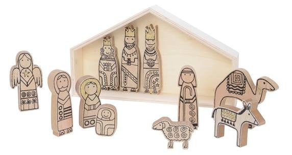 wood nativityset in wood house, Colour: natural, Size: 5x35x20cm