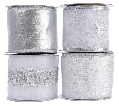 polyester ribbon w wire 4ass, Colour: silver, Size: 6.3x270cm Kaemingk