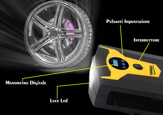 Compressore Aria Portatile Pompa Digitale Per Auto Moto Bici Con Accendisigari Si Ferma In Automatico Con Luce Led Per Uso Nottu Carall