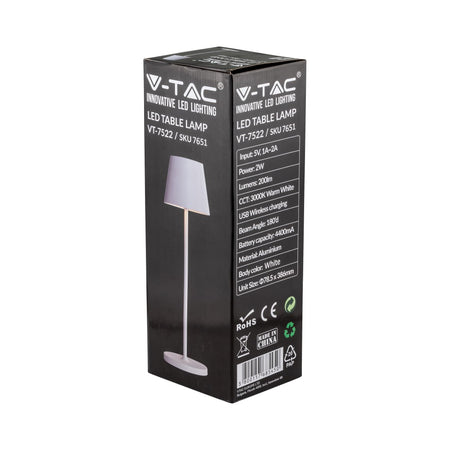 VT-7522 V-TAC Lampada LED da Tavolo 2W Colore Bianco in Alluminio con caricatore Wireless e Touch Dimmerabile 3000K IP54 Illuminazione/Illuminazione per interni/Lampade/Lampade da tavolo e abat-jour Zencoccostore - Formia, Commerciovirtuoso.it