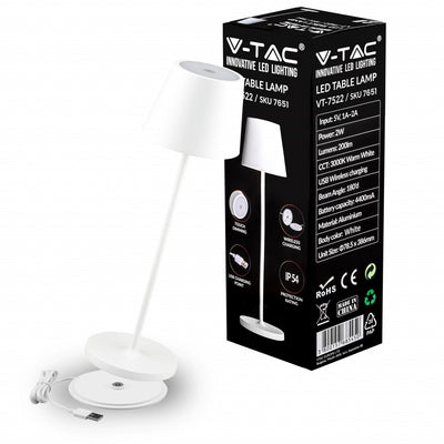 VT-7522 V-TAC Lampada LED da Tavolo 2W Colore Bianco in Alluminio con caricatore Wireless e Touch Dimmerabile 3000K IP54