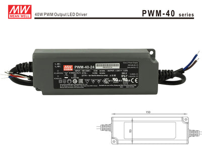 Alimentatore Led Meanwell PWM-40-24 Dimmerabile 40W 24V IP67 Dimming 3 in 1 0-10V 10V PWM Resistance
