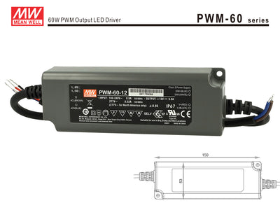 Alimentatore Led Meanwell PWM-60-12 Dimmerabile 60W 12V IP67 Dimming 3 in 1 0-10V 10V PWM Resistance