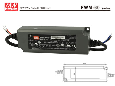 Alimentatore Led Meanwell PWM-60-24 Dimmerabile 60W 24V IP67 Dimming 3 in 1 0-10V 10V PWM Resistance