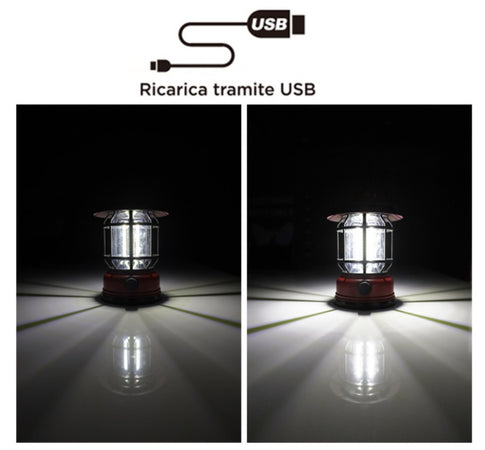 Lanterna Led da Campeggio Ricaricabile USB e Pannello Solare Batteria 1200mAh Luce Regolabile