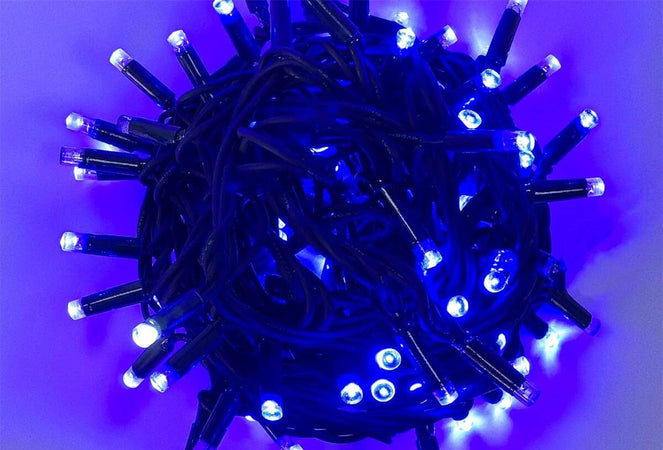 Catena Luminosa di Luci Led IP65 10 Metri Con 100 Led Filo Nero Luce Blu Con Connettore Allungabile Ettroit