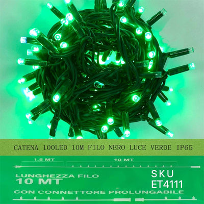 Catena Luminosa di Luci Led IP65 10 Metri Con 100 Led Filo Nero Luce Verde Con Connettore Allungabile