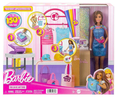 Barbie - Make & Sell Boutique, playset con bambola e accessori alla moda inclusi, espositore, stampante e adesivi per creare 150+ look personalizzati, giocattolo per bambini, 5+ anni, HKT78