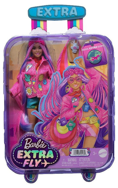 Barbie - Barbie Extra Fly, bambola viaggiatrice con look a tema deserto, giacca con frange e borsa oversize per look alla moda, 15+ accessori inclusi, giocattolo per bambini, 3+ anni, HPB15