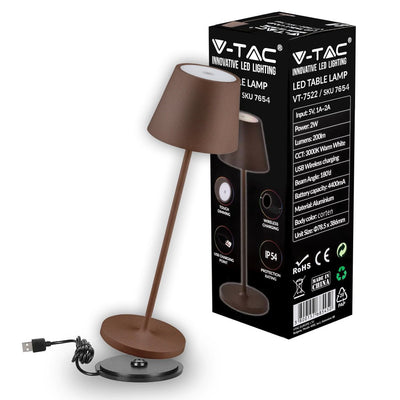 Lampada LED da Tavolo 2W Colore Marrone in Alluminio con caricatore Wireless e Touch Dimmerabile 3000K IP54 SKU-7654 V-Tac