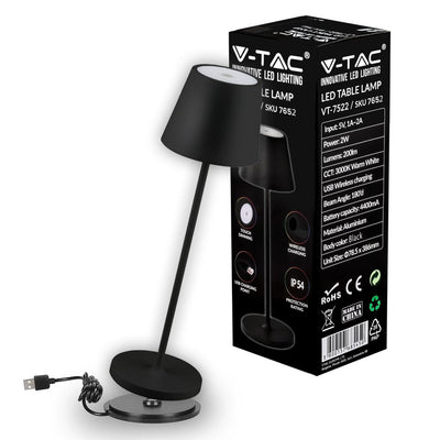 Lampada LED da Tavolo 2W Colore Nero in Alluminio con caricatore Wireless e Touch Dimmerabile 3000K IP54 SKU-7652 V-Tac