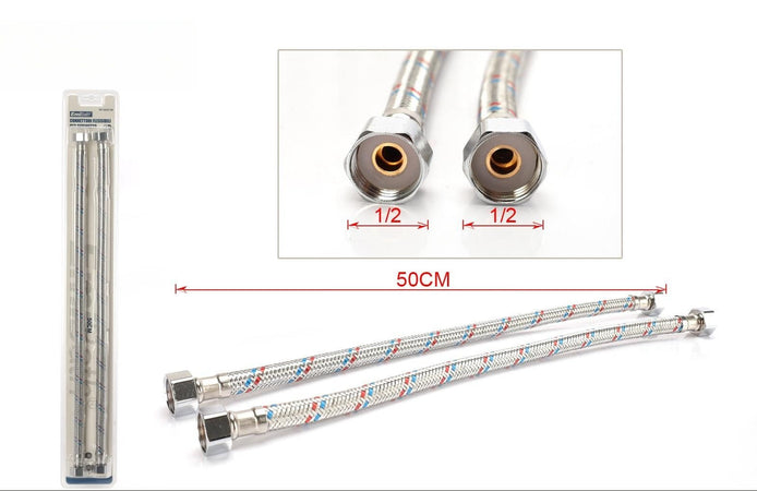 Coppia Tubi Flessibili Per Miscelatore Rubinetto Lungo 50cm Connettori F 1/2" e F 1/2"