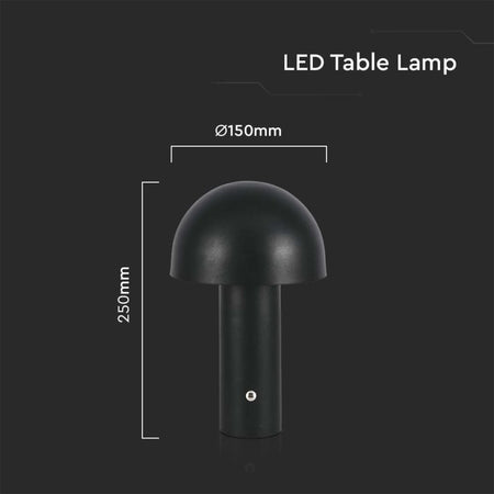Lampada LED da Tavolo 3W con Batteria 1800mAh Ricaricabile USB C Colore Nero in Metallo Touch Dimmerabile 3 in 1 SKU-7898 V-Tac