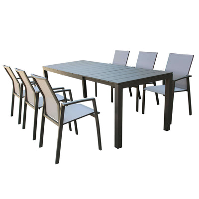 ALASKA - set tavolo in alluminio cm 148/214 x 85 x 75,5 h con 6 sedute Taupe Milani Home