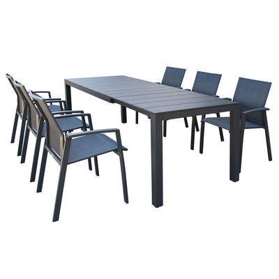 ALASKA - set tavolo in alluminio cm 148/214 x 85 x 75,5 h con 6 sedute Antracite Milani Home