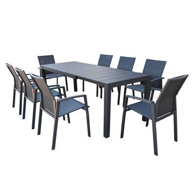 ALASKA - set tavolo in alluminio cm 148/214 x 85 x 75,5 h con 8 sedute Antracite Milani Home