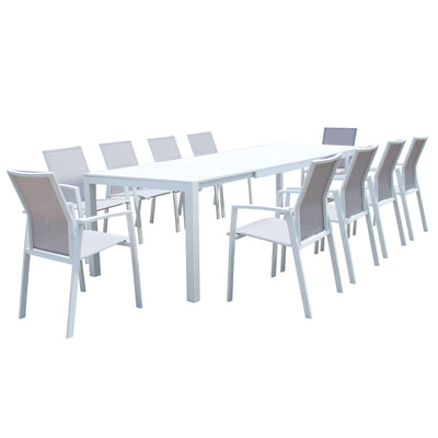 ALASKA - set tavolo in alluminio cm 214/280 x 100 x 75,5 h con 10 sedute Bianco Milani Home