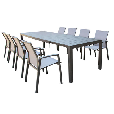 ALASKA - set tavolo in alluminio cm 214/280 x 100 x 75,5 h con 8 sedute Taupe Milani Home