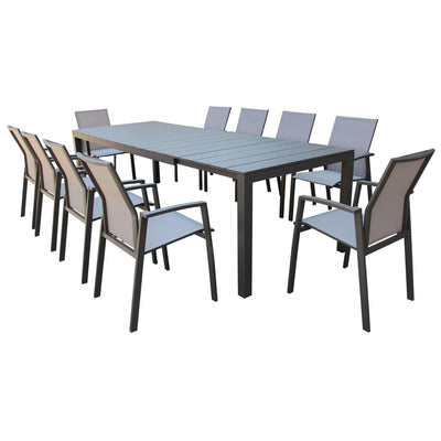 ALASKA - set tavolo in alluminio cm 214/280 x 100 x 75,5 h con 10 sedute Taupe Milani Home