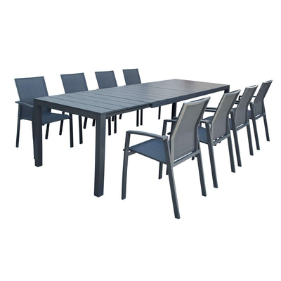 ALASKA - set tavolo in alluminio cm 214/280 x 100 x 75,5 h con 8 sedute Antracite Milani Home