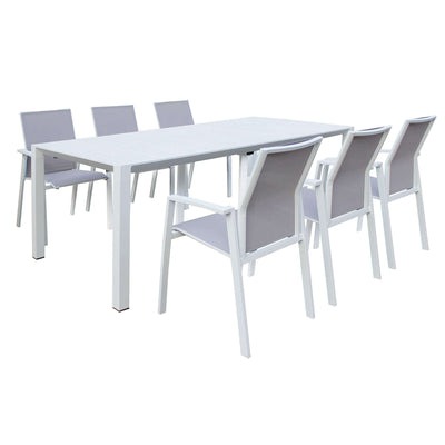 ARIZONA - set tavolo in alluminio cm 85 x 51,50/104/156/208/260 x 74 h con 6 sedute Bianco Milani Home