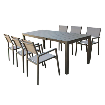 ALASKA - set tavolo in alluminio cm 148/214 x 85 x 75,5 h con 6 sedute Taupe Milani Home