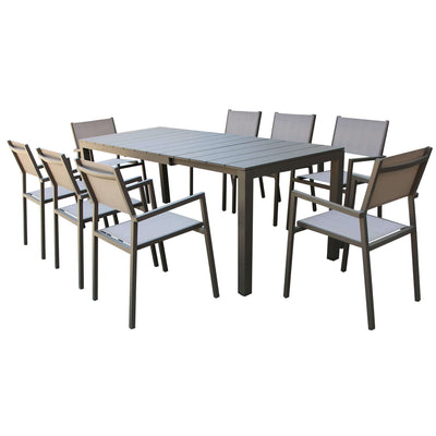 ALASKA - set tavolo in alluminio cm 148/214 x 85 x 75,5 h con 8 sedute Taupe