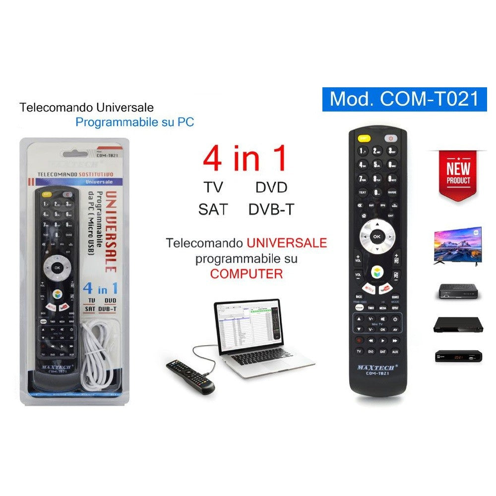 Telecomando Universale 4in1 Tv Dvd Sat Dvb-t Programmabile Da Computer  Com-t021 - commercioVirtuoso.it