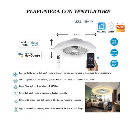 Plafoniera Con Ventilatore Dimmerabile 40w Silensioso App Telecomando  323115-1 