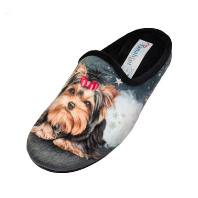 TanahLot pantofole ciabatte donna stampa cagnolino con fiocco glitter in tessuto morbido