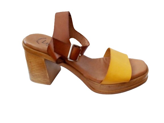 Luxdive sandalo donna tacco alto in pelle bicolore cuoio/giallo