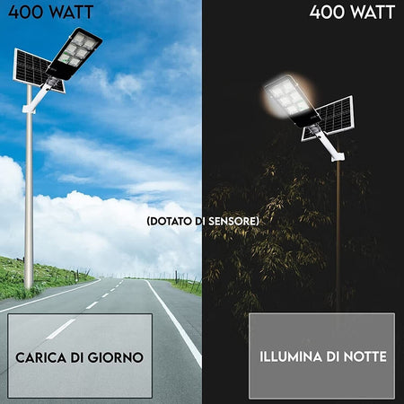 lampione solare Stradale LED 400W COMPLETO DI STAFFA LUCE CREPUSCOLARE IP66