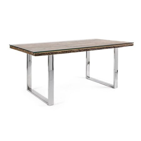 Tavolo "C-V Stanton" rettangolare, con gambe in acciaio, piano in legno riciclato e vetro temperato, stile moderno Casa e cucina/Arredamento/Sala da pranzo/Tavoli da sala da pranzo Decor Space - Altamura, Commerciovirtuoso.it
