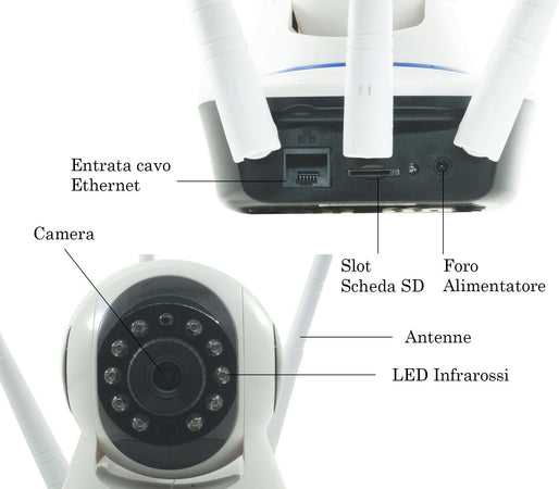 Telecamera Ip Cam HD Wireless Motorizzata Smart Camera Wi-Fi SD Tripla Antenna