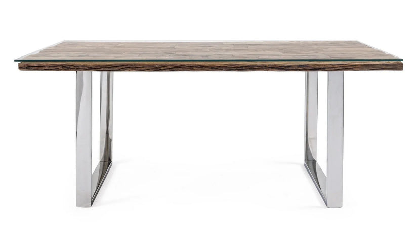 Tavolo "C-V Stanton" rettangolare, con gambe in acciaio, piano in legno riciclato e vetro temperato, stile moderno Casa e cucina/Arredamento/Sala da pranzo/Tavoli da sala da pranzo Decor Space - Altamura, Commerciovirtuoso.it