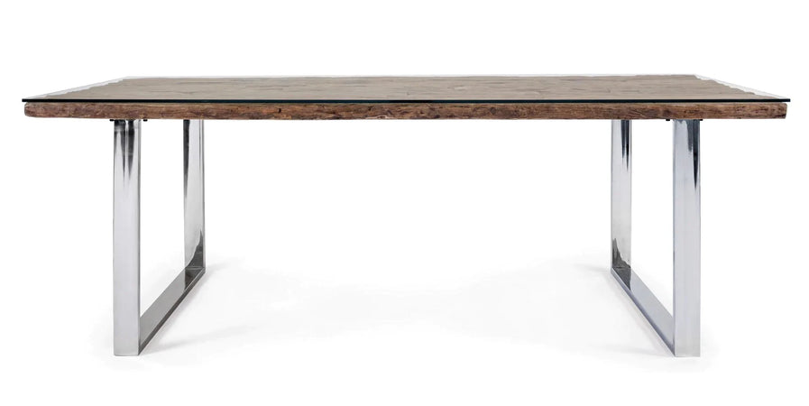 Tavolo "C-V Stanton" rettangolare, con gambe in acciaio, piano in legno riciclato e vetro temperato, stile moderno Casa e cucina/Arredamento/Sala da pranzo/Tavoli da sala da pranzo Decor Space - Altamura, Commerciovirtuoso.it