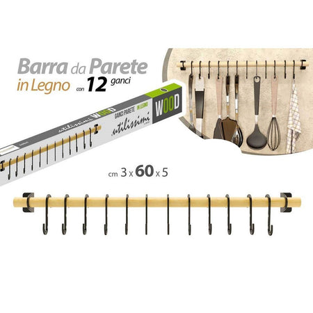 Barra Porta Utensili Cucina Da Parete In Legno 3 X 60 X 5 Cm Con 12 Ganci  838309 