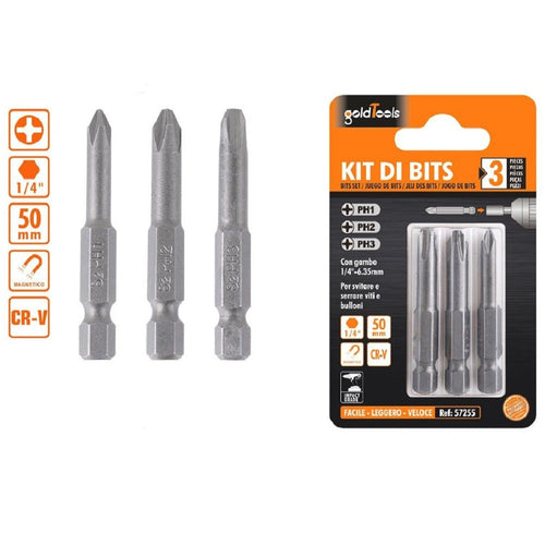 Kit Di Bits 3pz Bit Inserti Per Avvitatore 50mm Ph1/2/3 Gambo 1/4-6.35mm 57255 Fai da te/Utensili elettrici e a mano/Accessori per utensili elettrici/Set punte per trapani Trade Shop italia - Napoli, Commerciovirtuoso.it